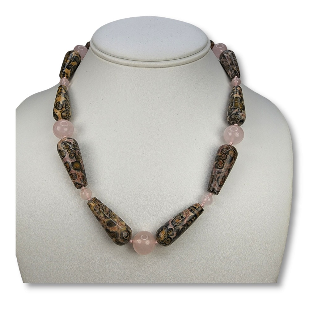 Vintage Rose Quartz and Pink Ocean Jasper Necklace with 14KT Yellow Gold Clasp